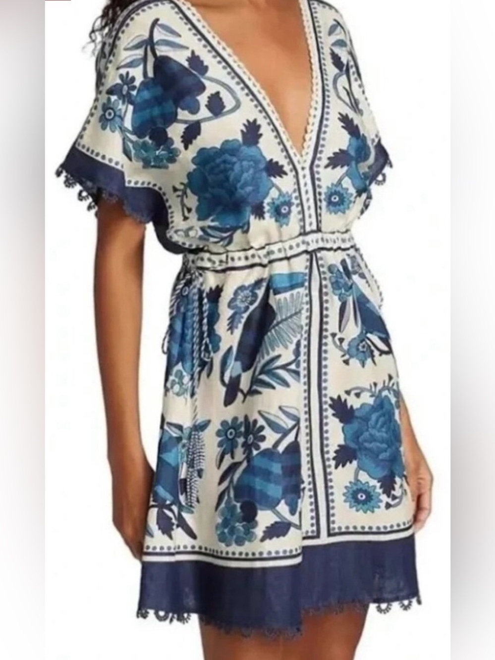 Farm Rio Tropical Tiles Mini Dress in Blue and White Women Small
